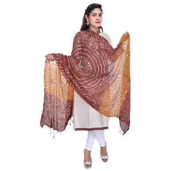 Brown Orange Bandhej Cotton Hand Work Dupatta 3