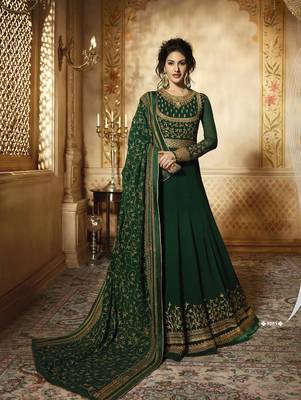 Green embroidered faux georgette anarkali with dupatta 1