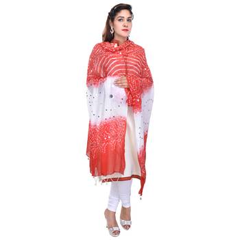 Red White Bandhej Cotton Hand Work Dupatta 1