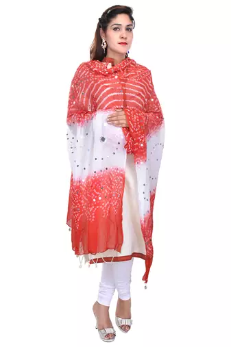 Red White Bandhej Cotton Hand Work Dupatta