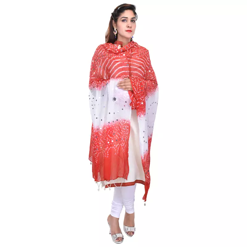 Red White Bandhej Cotton Hand Work Dupatta