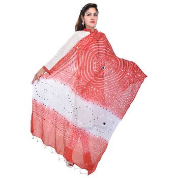 Red White Bandhej Cotton Hand Work Dupatta 2