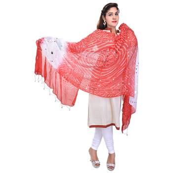 Red White Bandhej Cotton Hand Work Dupatta 3