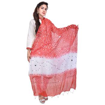Red White Bandhej Cotton Hand Work Dupatta 4