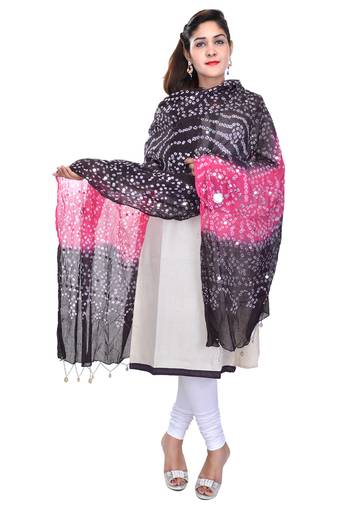 Pink Black Bandhej Cotton Hand Work Dupatta