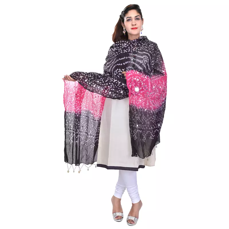 Pink Black Bandhej Cotton Hand Work Dupatta