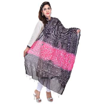 Pink Black Bandhej Cotton Hand Work Dupatta 4