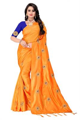 Orange embroidered paper cotton saree with blouse 1