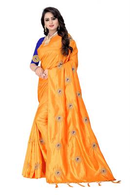 Orange embroidered paper cotton saree with blouse 2