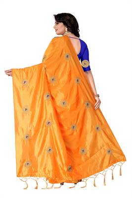 Orange embroidered paper cotton saree with blouse 3
