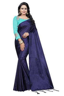 Navy blue plain paper cotton saree with blouse 1