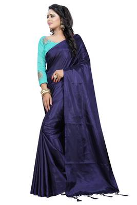 Navy blue plain paper cotton saree with blouse 3