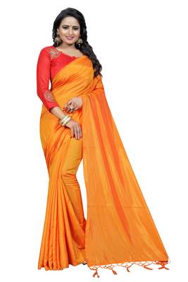 Orange plain paper cotton saree with blouse 1