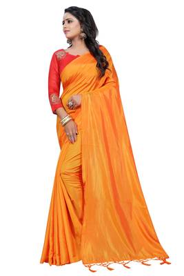 Orange plain paper cotton saree with blouse 3