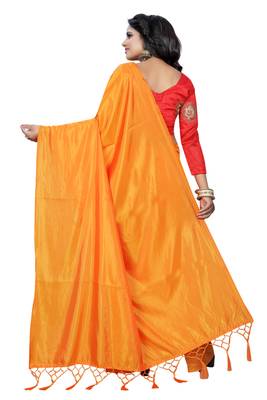 Orange plain paper cotton saree with blouse 4