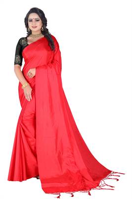 Red plain paper cotton saree with blouse 1