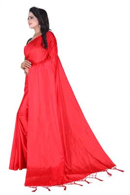 Red plain paper cotton saree with blouse 2
