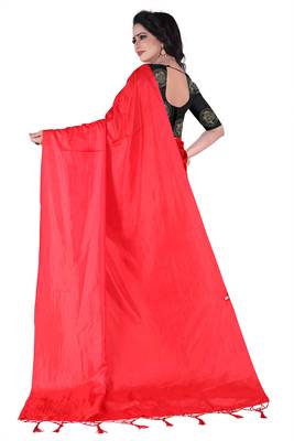 Red plain paper cotton saree with blouse 3