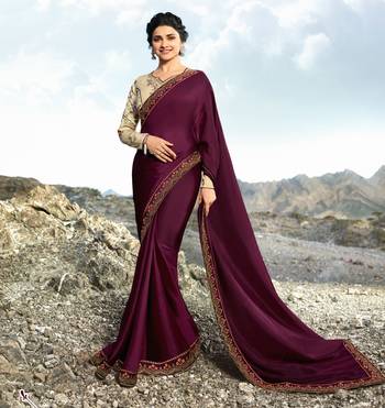 Wine Embroidered Silk Blend Saree With Blouse 1