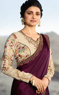 Wine Embroidered Silk Blend Saree With Blouse 2