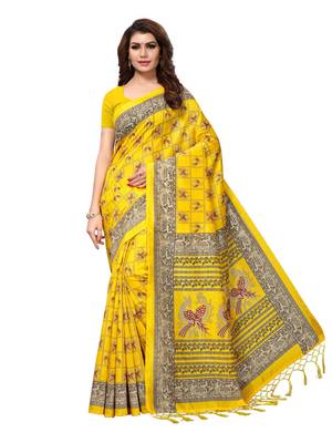 Yellow Printed Art Silk Saree With Blouse 1