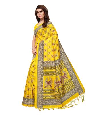 Yellow Printed Art Silk Saree With Blouse 2