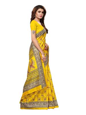 Yellow Printed Art Silk Saree With Blouse 3
