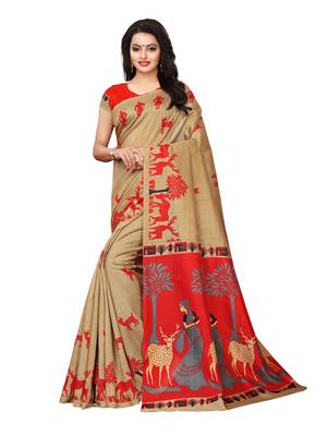 Beige Printed Poly Silk Saree With Blouse 1