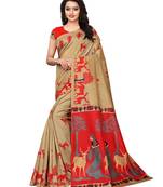 Beige Printed Poly Silk Saree With Blouse