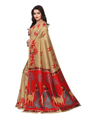 Beige Printed Poly Silk Saree With Blouse 2