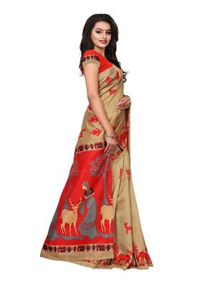 Beige Printed Poly Silk Saree With Blouse 3