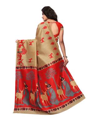 Beige Printed Poly Silk Saree With Blouse 4
