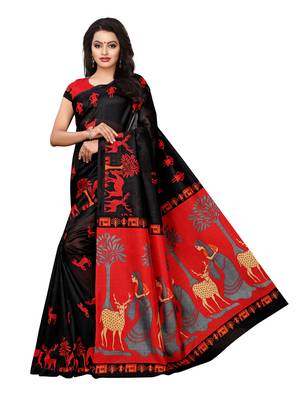 Black Printed Poly Silk Saree With Blouse 1