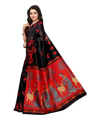 Black Printed Poly Silk Saree With Blouse 2