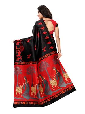 Black Printed Poly Silk Saree With Blouse 4