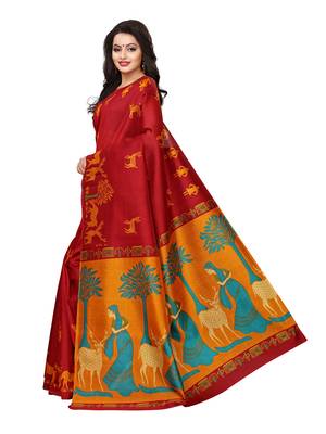 Maroon Printed Poly Silk Saree With Blouse 2