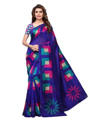 Blue Printed Bhagalpuri Silk Saree With Blouse 1