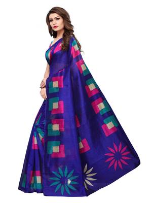 Blue Printed Bhagalpuri Silk Saree With Blouse 2