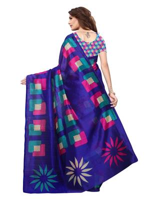 Blue Printed Bhagalpuri Silk Saree With Blouse 4
