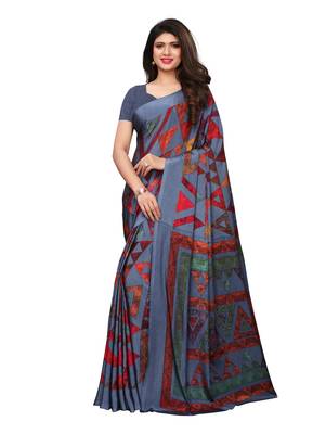 Grey Printed Crepe Saree With Blouse 1