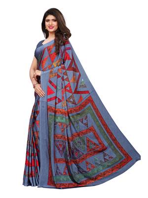 Grey Printed Crepe Saree With Blouse 2