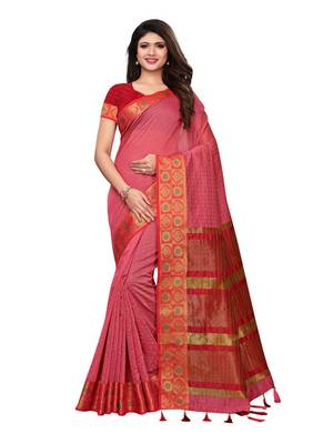 Pink woven chanderi silk saree with blouse 1