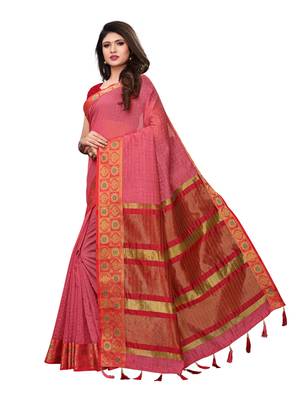 Pink woven chanderi silk saree with blouse 2