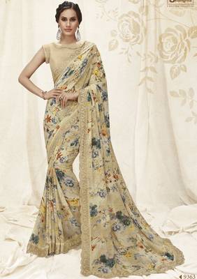 Grey printed faux kora saree with blouse 1