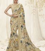 Grey printed faux kora saree with blouse