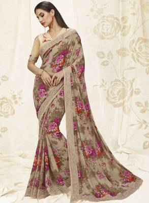 Grey printed faux kora saree with blouse 1