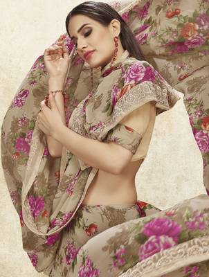 Grey printed faux kora saree with blouse 3