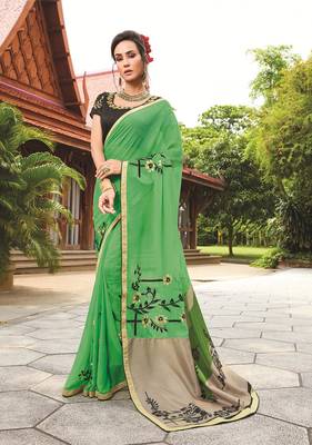Green printed georgette saree with blouse 1
