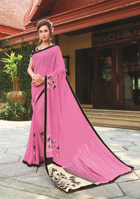 Pink printed georgette saree with blouse 1