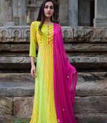 Yellow leheriya anarkali with magenta dupatta